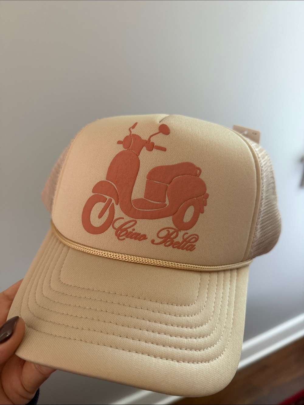 Anthropologie Beige Trucker Hat with Coral Scooter Print